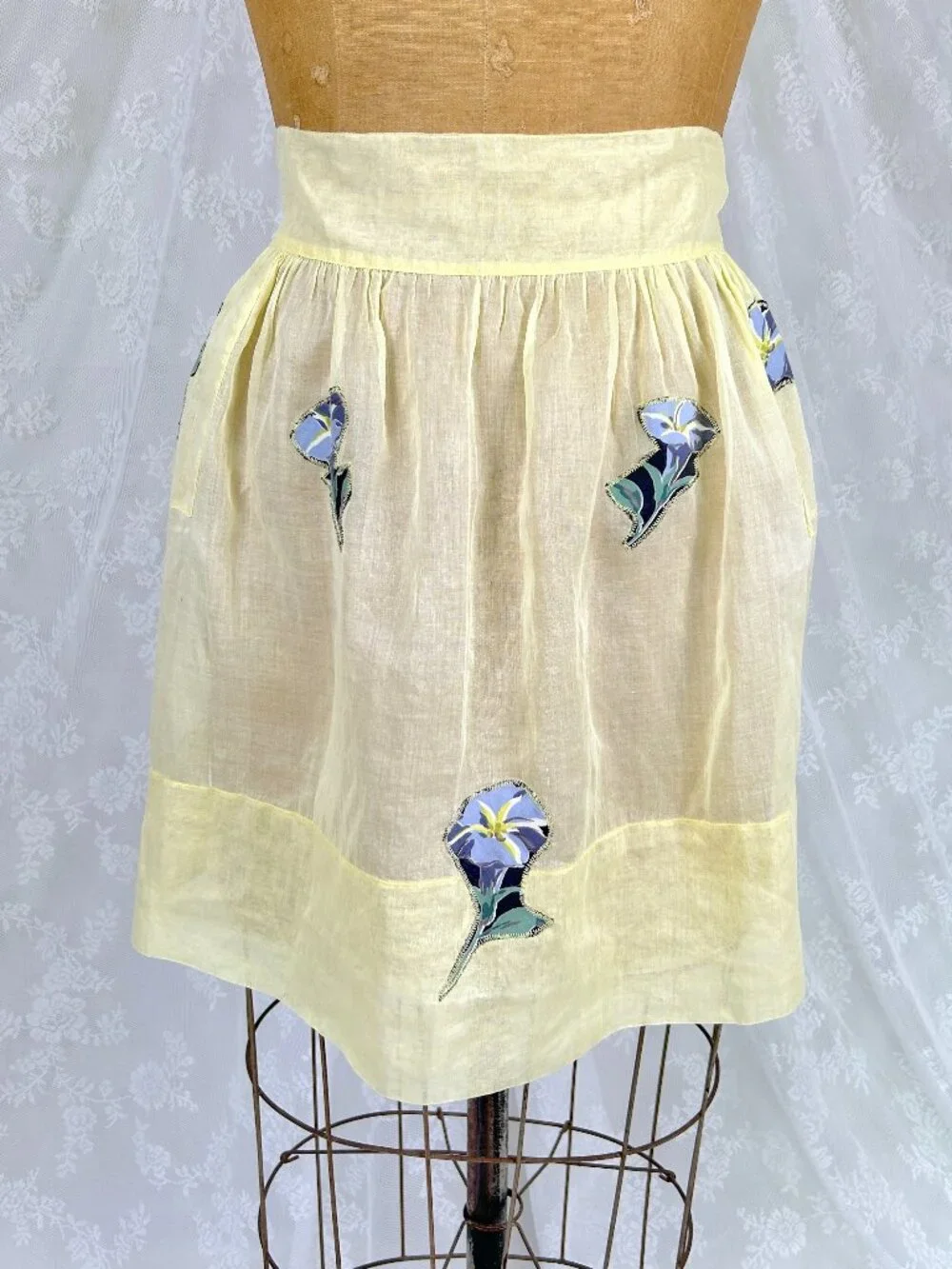 Vintage Yellow Half Apron, Sheer Cotton, Petunia Appliques, Cottagecore 50s-60s